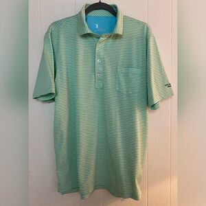 F&G Tech Shirt Men’s Large Green Stripes Golf Polo Wicking Sports Summer Logo